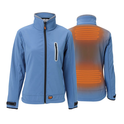 30seven heated clothing - heated softshell jacket - slim fit - wind-resistand and water-repellent - in blue - 4 hot spots: shoulders, neck, kidneys and lower back