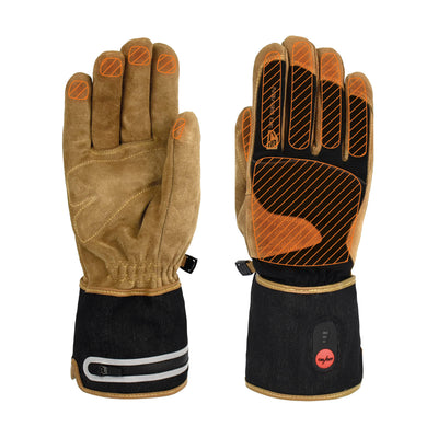 30seven heated clothing - heated gloves - durable, reinforced leather with wool lining - in brown - 3 hot spots: back of the hand, fingers and fingertips