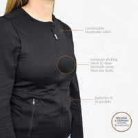 30seven Heated baselayer - regular fit for men and women - black - 4 hot spots: shoulders, neck, kidneys, lower back - comfortable breathable fabric - moisture wicking mesh to draw moisture away from the body - batteries fit in the pockets - belgian and germand heating technology
