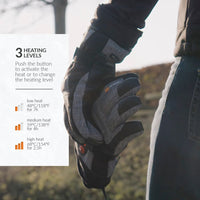 30seven heated gloves - extra warm gloves with primaloft insulation - in grey - 3 hot spots: back ot the hands, fingers and fingertips - 3 heating levels - push the button to activate the heat or to change the heating level