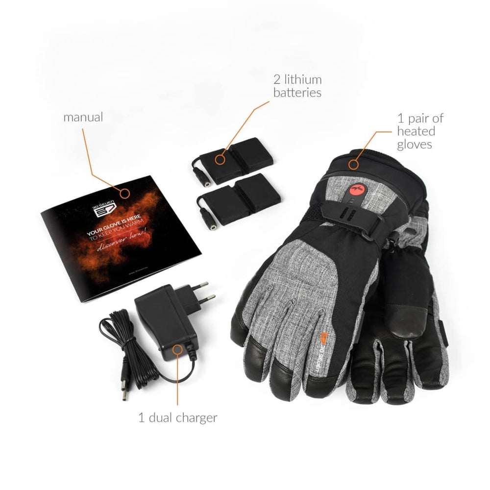 30seven heated gloves - extra warm gloves with primaloft insulation - in grey - 3 hot spots: back ot the hands, fingers and fingertips - package contains: manual, 2 lithium batteries - 1 pair of heated gloves - 1 dual charger