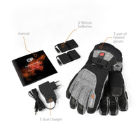 30seven heated gloves - extra warm gloves with primaloft insulation - in grey - 3 hot spots: back ot the hands, fingers and fingertips - package contains: manual, 2 lithium batteries - 1 pair of heated gloves - 1 dual charger