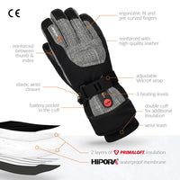 30seven heated gloves - extra warm gloves with primaloft insulation - in grey - 3 hot spots: back ot the hands, fingers and fingertips - ergonomic fit and pre-curved fingers - reinforced with high-quality leather - adjustable velcro strap - 3 heating levels - double cuff for additional insulation - wrist leash - reinforced between thumb and index - elastic wrist closure - battery pocket in the cuff - 2 layers of primaloft insulation - hipora waterproof membrane