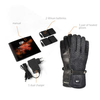 30seven Heated gloves - leather - 3 hot spots: back of the hand, fingers and fingertips - inside of package: manual, 2 lithium batteries, 1 pair of heated gloves, 1 dual charger