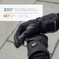 30seven Heated gloves - leather - 3 hot spots: back of the hand, fingers and fingertips - 2 heating levels - maximum heat and 50% heat - push the button to activate the heat or to change the heating level