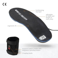 30seven heated insoles - hardwearing top layer - adjustable to width and lenght of every shoe - ergonomic fit - neoprene battery holder with integrated operating button - 3 heating levels