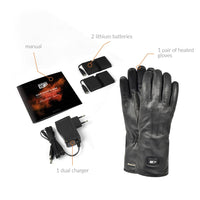 30seven Heated gloves - leather - 3 hot spots: back of the hand, fingers and fingertips - content of the package: manual, 2 lithium batteries, 1 pair of heated gloves, 1 dual charger