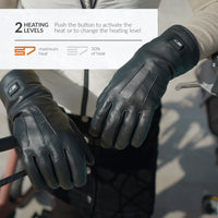 30seven Heated gloves - leather - 3 hot spots: back of the hand, fingers and fingertips - 2 heating levels - maximum heat and 50% heat - push the button to activate the heat or to change the heating level