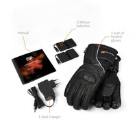 30seven Heated gloves - motorcycle gloves  - leather - reinforced with primaloft insulation  - waterproof - 3 hot spots: back of the hand, fingers and fingertips - manual - 2 lithium batteries - 1 pair of heated gloves - 1 dual charger
