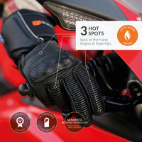 30seven Heated gloves - motorcycle gloves  - leather - reinforced with primaloft insulation  - waterproof - 3 hot spots: back of the hand, fingers and fingertips - up to 7 hours of heating - the best comfort - rechargeable lithium batteries - novaheat patented technology - made in belgium and germany