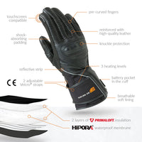 30seven Heated gloves - motorcycle gloves  - leather - reinforced with primaloft insulation  - waterproof - 3 hot spots: back of the hand, fingers and fingertips - pre-curved fingers - reinforced with high-quality leather - knuckle protection - 3 heating levels - battery pocket in the cuff - breathable soft lining - touchscreen compatible - shock-absorbing padding - reflective strip - 2 adjustable velcro straps - 2 layers of primaloft insulation - hipora waterproof membrane