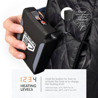 30seven - Heated padded jacket - Regular fit for Men - with hood - Super power technology - Charge your phone with the USB port - 4 heating levels - hold the button for 1 sec to activate the heat or to change the heating level - min heat: 32°C or 90°F for 5 hours - max heat: 58°C or 136°F for 2.5 hours