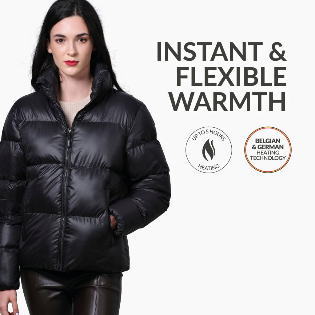 30seven Heated padded jacket - Shiny Black - 4 hot spots: neck, shoulders, kidneys, lower back - instant and flexible warmth - up to 5 hours of heating - belgian and german heating technology
