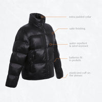 30seven Heated padded jacket - Shiny Black - 4 hot spots: neck, shoulders, kidneys, lower back - extra padded collar - satin finishing - water-repellent and wind resistant - batteries fit in pockets - elasticized cuff on the sleeves