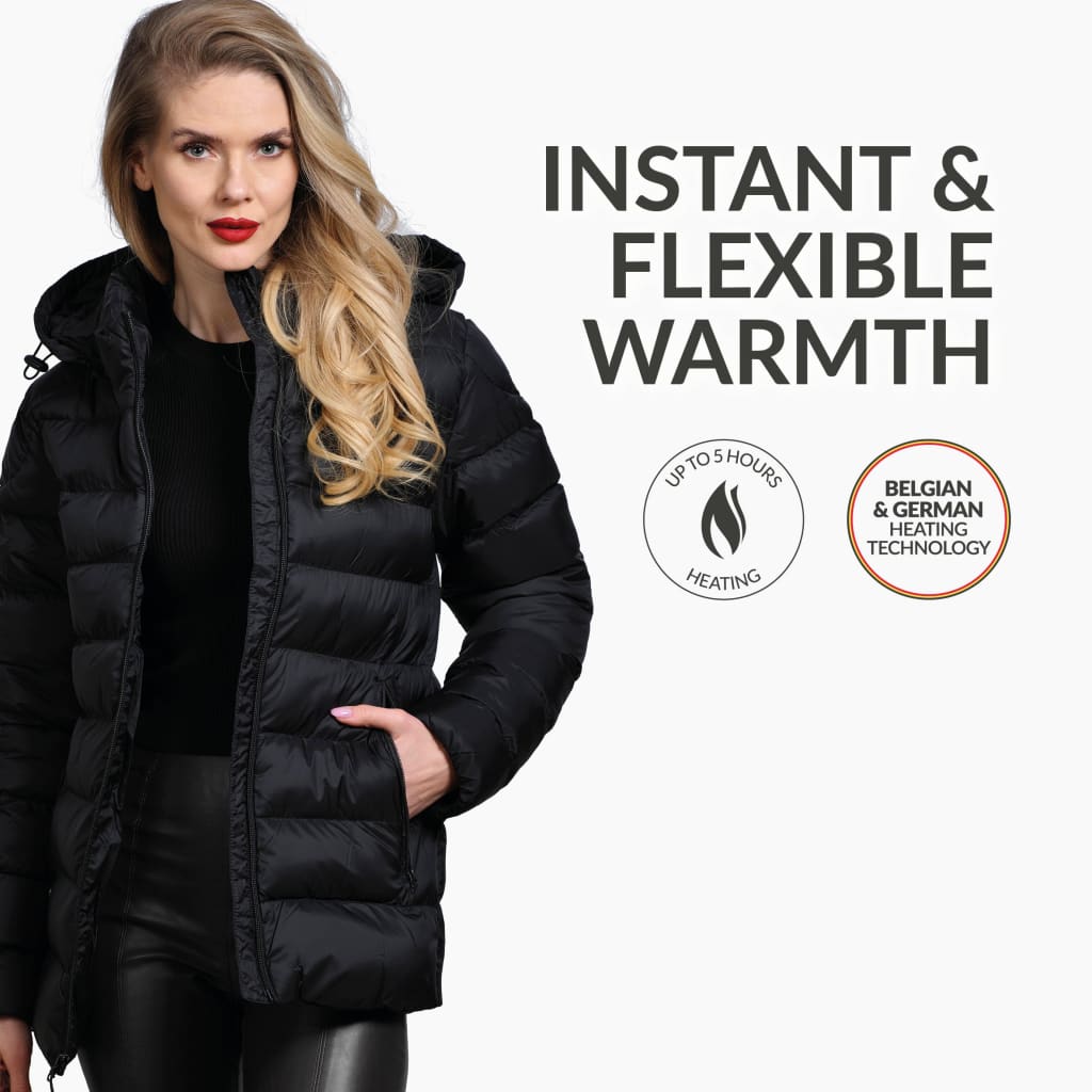 Heated padded jacket with removable hood - Black - 4 hot spots: neck, shoulders, kidneys and lowerback - instant and flexible warmth - up to 5 hours of heating - belgian and german heating technology