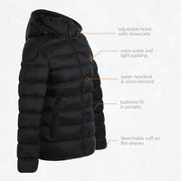 Heated padded jacket with removable hood - Black - 4 hot spots: neck, shoulders, kidneys and lowerback - adjustable hood with drawcords - extra warm and light padding - water-repellent and wind resistant - batteries fit in pockets - stretchable cuff on the sleeves
