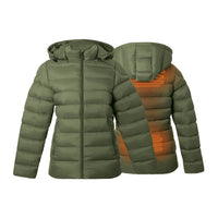 Heated padded jacket with removable hood - Khaki - 4 hot spots: neck, shoulders, kidneys and lowerback