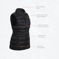30seven heated padded bodywarmer - slim fit for women - in black - 4 hot spots: shoulders, neck, kidneys, lower back  - extra padded collar - extra warm and light padding - water-repellent and wind resistant - batteries fit in pockets - thin and lightweight
