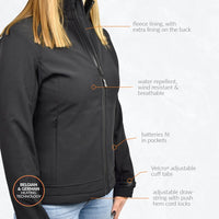 30seven heated softshell jacket - slim fit for women - with extra warm fleece lining - black - 4 hot spots: shoulders, neck, kidneys, lower back - fleece lining with extra lining on the back - water-repellent, wind resistant and breathable - batteries fit in pockets - velcro adjustable cuff tabs - adjustable draw string with push hem lock cords - belgian and german heating technology