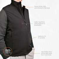 30seven heated softshell sleeveless jacket - regular fit for women - with extra warm fleece lining - black - 4 hot spots: neck, shoulders, kidneys and lower back - fleece lining, with extra lining on the back - water repellent, wind-resistand and breathable - batteries fit in pockets - adjustable draw string with push hem cord locks - belgian and german heating technology