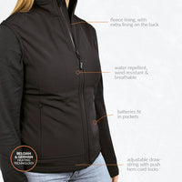 30seven heated softshell sleeveless jacket - slim fit for women with extra warm fleece lining - 4 hot spots: neck, shoulder, kidneys and lower back - black - fleece lining with extra lining on the back - water-repellent, wind resistant and breathable - batteries fit in pockets - adjustable draw string with push hem cord locks - belgian and german heating technology