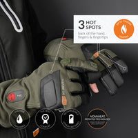 30seven heated clothing - heated hunting gloves - with convertible finger for hunting/shooting - in khaki - 3 hot spots: back of the hand, fingers and fingertips - up to 7 hours of heating - machine washable - the best comfort - rechargeable lithium batteriess - novaheat patented technology mad in belgium and germany