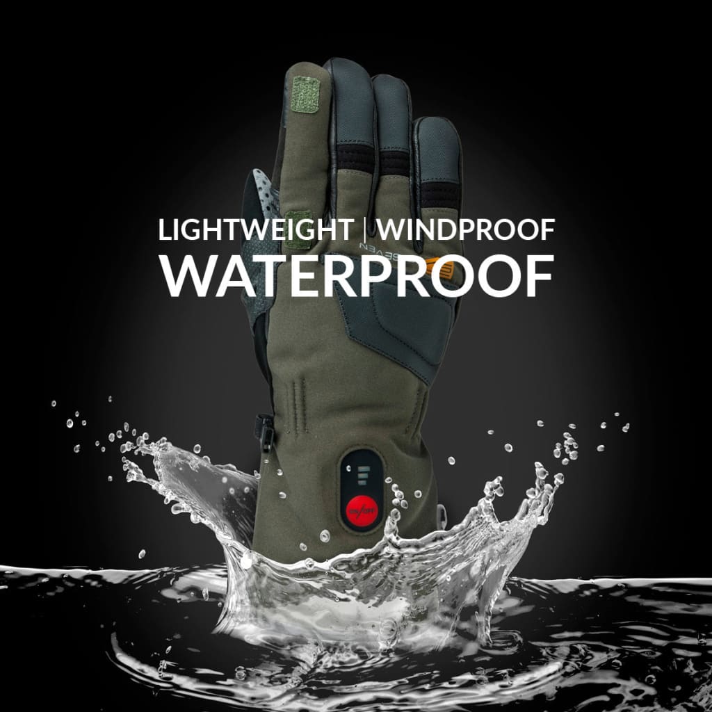 30seven heated clothing - heated hunting gloves - with convertible finger for hunting/shooting - in khaki - 3 hot spots: back of the hand, fingers and fingertips - lightweight - windproof - waterproof
