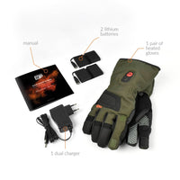 30seven heated clothing - heated hunting gloves - with convertible finger for hunting/shooting - in khaki - 3 hot spots: back of the hand, fingers and fingertips - package contains: manual, 2 lithium batteries, 1 pair of heated gloves and 1 dual charger