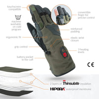 30seven heated clothing - heated hunting gloves - with convertible finger for hunting/shooting - in khaki - 3 hot spots: back of the hand, fingers and fingertips - convertible finger for precis control - reinforced padding - elastic wrist closure - 3 heating levels - touchscreen compatible - machine washable on cold program - ergonomic fit - grip control - battery pocket in the cuff - 2 layers of thinsulate insulation - hipora waterproof membrane