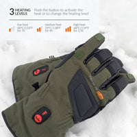 30seven heated clothing - heated hunting gloves - with convertible finger for hunting/shooting - in khaki - 3 hot spots: back of the hand, fingers and fingertips - 3 heating levels - push the button to activate the heat or to change the heating level