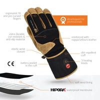 30seven heated clothing - heated gloves - durable, reinforced leather with wool lining - in brown - 3 hot spots: back of the hand, fingers and fingertips - developped for professionals - ergonomic fit and pre-curved fingers - reinforced with nappa-velours leather - dirt-repellent cuff - 3 heating levels - extra durable, cult-resistant and anti-slip material - elastic wirst closure - battery pocket in the cuff - soft wool lining - hipora waterproof membrane 