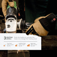 30seven heated clothing - heated gloves - durable, reinforced leather with wool lining - in brown - 3 hot spots: back of the hand, fingers and fingertips - 3 heating levels - push the button to activate the heat or to change the heating level