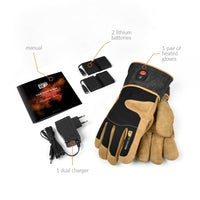 30seven heated clothing - heated gloves - durable, reinforced leather with wool lining - in brown - 3 hot spots: back of the hand, fingers and fingertips - package contains: manual, 2 lithium batteries, 1 pair of heated gloves, 1 dual charger