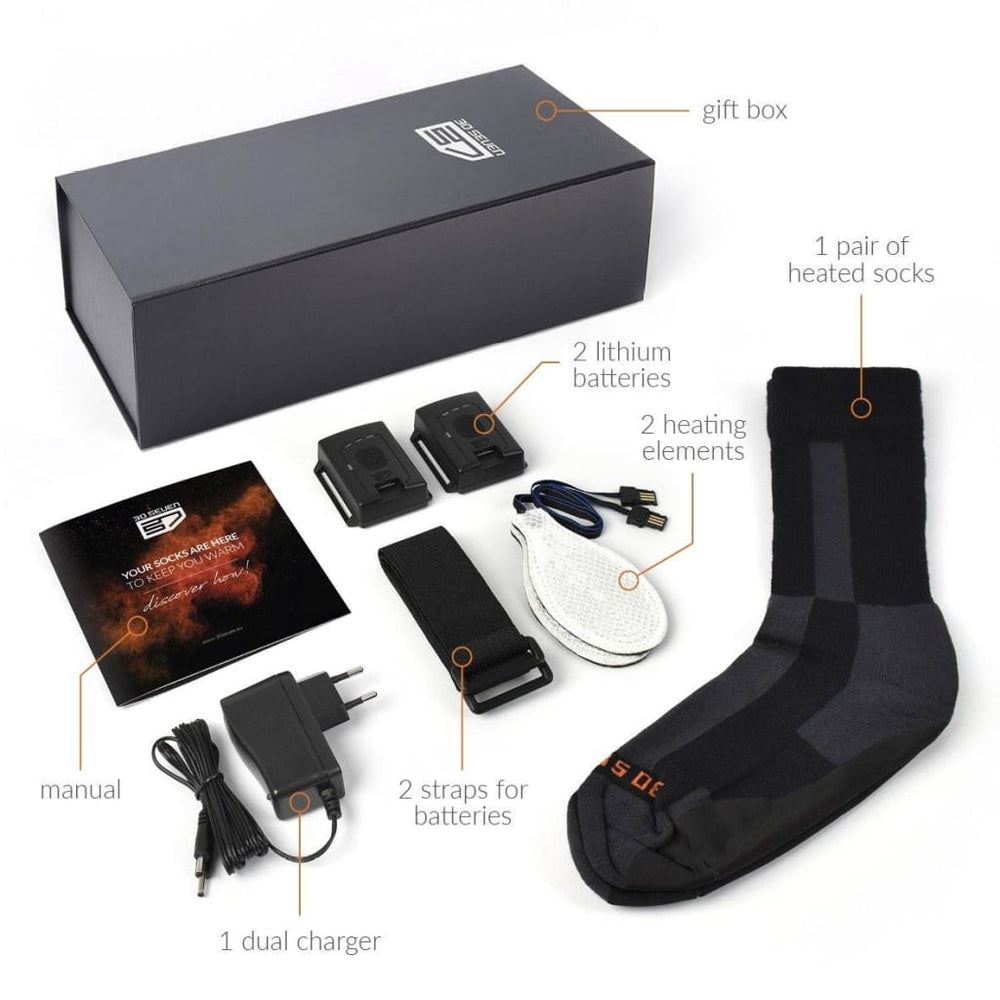 30seven heated clothes - heated socks - reinforced - without technology - crew-length - package contains: manual, 1 dual charger, 2 lithium batteries, 2 heating elements, 2 straps for batteries, 1 pair of heated socks