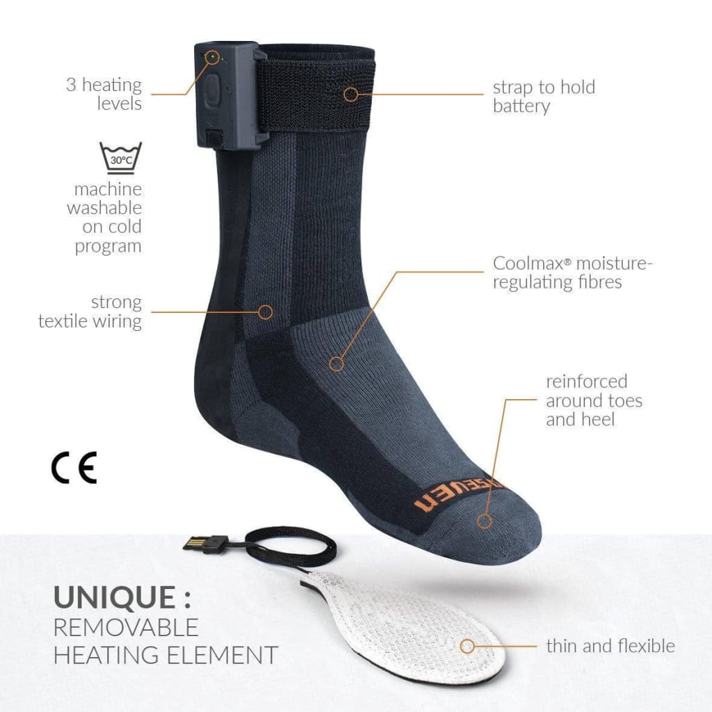 30seven heated clothes - heated socks - reinforced - without technology - crew-length - strap to hold battery - coolmax moisture regulating fibres - reinforced around toes and heel  - 3 heating levels - machine washable on cold program - strong textile wiring - unique removable heating element - thin and flexible technology