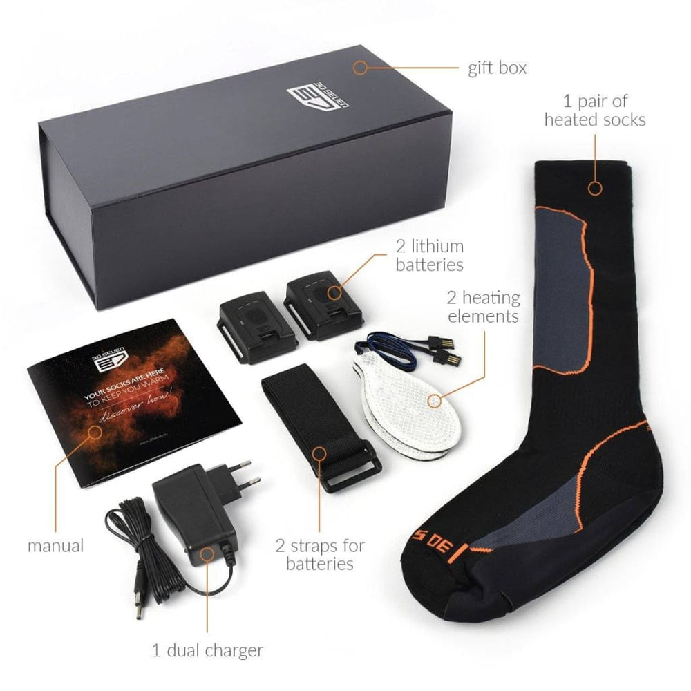 30seven heated clothing - heated socks - over-the-calf without technology - two pairs - package contains: manual, 1 dual charger, 2 lithium batteries, 2 heating elements, 2 straps for batteries, 1 pair of heated socks