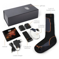 30seven heated clothing - heated socks - over-the-calf without technology - two pairs - package contains: manual, 1 dual charger, 2 lithium batteries, 2 heating elements, 2 straps for batteries, 1 pair of heated socks
