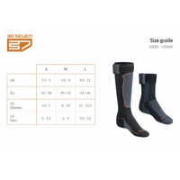 30seven heated clothing - heated socks - over-the-calf without technology - two pairs - size guide - unisex