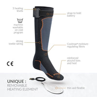 30seven heated clothing - heated socks - over-the-calf without technology - two pairs - 3 heating levels - strap to hold battery - coolmax moisture regulating fibres - reinforced around toes and heel - machine washable on cold program - strong textile wiring - unique removable heating element - thin and flexile technology