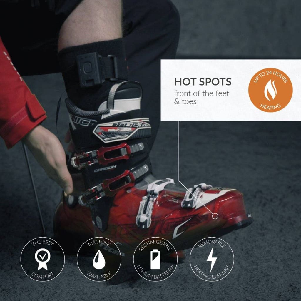 30seven heated clothing - heated socks - over-the-calf without technology - two pairs - 2 hot spots: front of the feet and toes - up to 24 hours of heating - the best comfort - machine washable - rechargeable lithium batteries - removable heating element