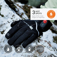 30seven heated clothing - heated gloves - thinsulate comfort - lightweight, stretch, waterproof - for winter- in black - 3 hot spots: back of the hands, fingers and fingertips - up to 7 hours of heating - machine washable - the best comfort - rechargeable lithium batteries - novaheat patented technology - made in belgium and germany