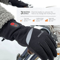 30seven heated clothing - heated gloves - thinsulate comfort - lightweight, stretch, waterproof - for winter- in black - 3 hot spots: back of the hands, fingers and fingertips - 3 heating levels - push the button to activate the heat or to change the heating level