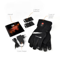 30seven heated clothing - heated gloves - thinsulate comfort - lightweight, stretch, waterproof - for winter- in black - 3 hot spots: back of the hands, fingers and fingertips - package contains: manual, 2 lithium batteries, 1 pair of heated gloves, 1 dual charger